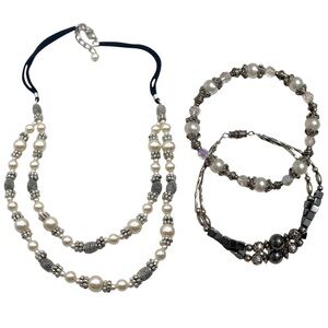 Faux Pearl Beaded Bracelets Necklace Bundle Lot of 3 Silver Tone Costume Jewelry
